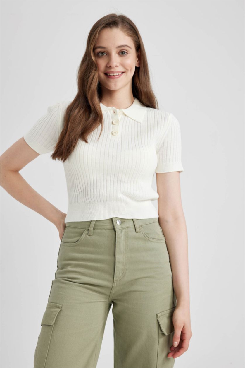 FEMME Écru Pull Tricot Col Polo