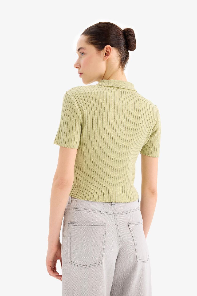 Kadın Yeşil Slim Fit Dar Kesim Polo Yaka Triko Kazak