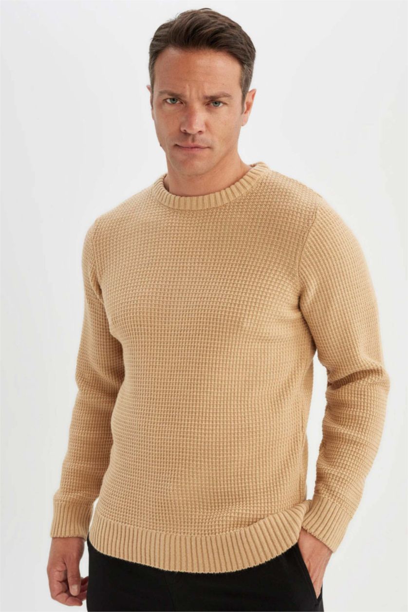 MAN Light Beige Melange Standard Fit Crew Neck Knitwear Pullover