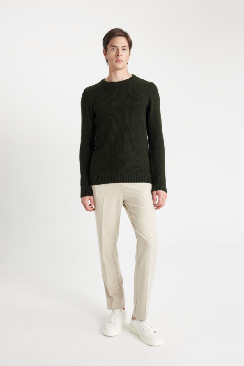 رجالي أخضر غامق بلوفر تريكو قصة عادية برقبة مستديرة أخضر غامق