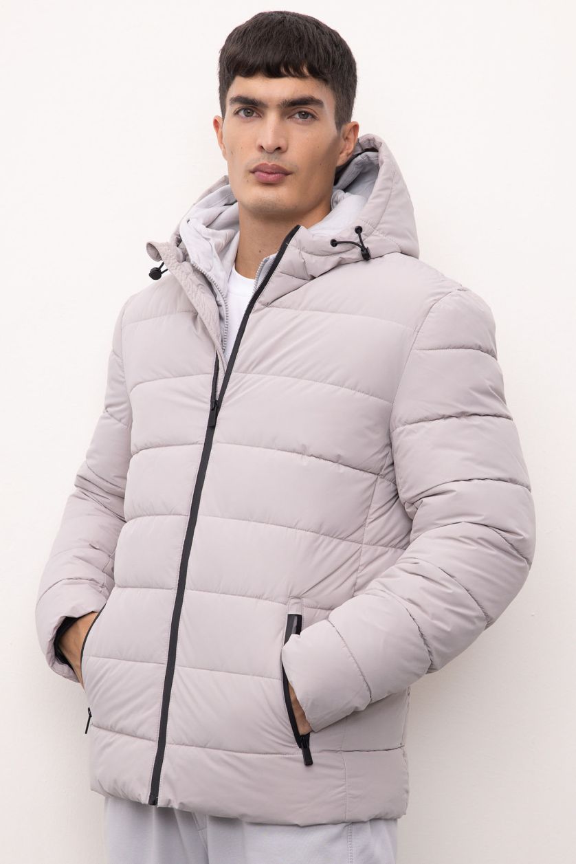 Erkek Kum Su İtici Slim Fit Dar Kesim Astarlı Kapüşonlu Fermuarlı Cepli Dolgulu Mont