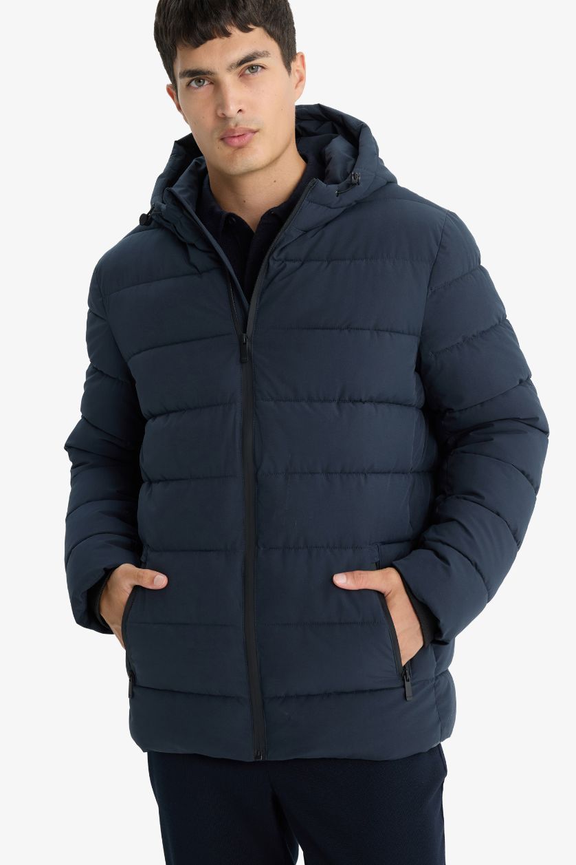 MAN NAVY Slim Fit Lined Hooded Zippered Padded Waterproof Jacket
