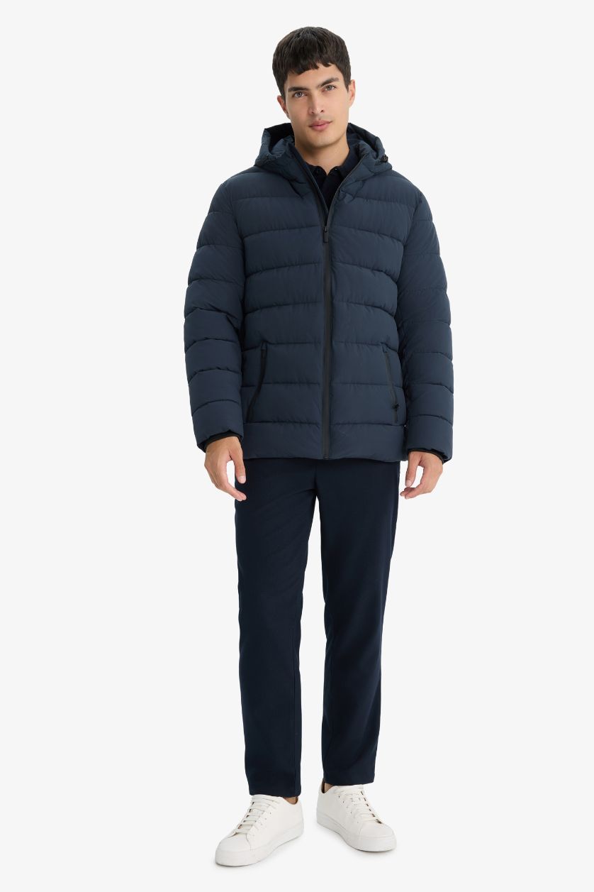 MAN NAVY Slim Fit Lined Hooded Zippered Padded Waterproof Jacket