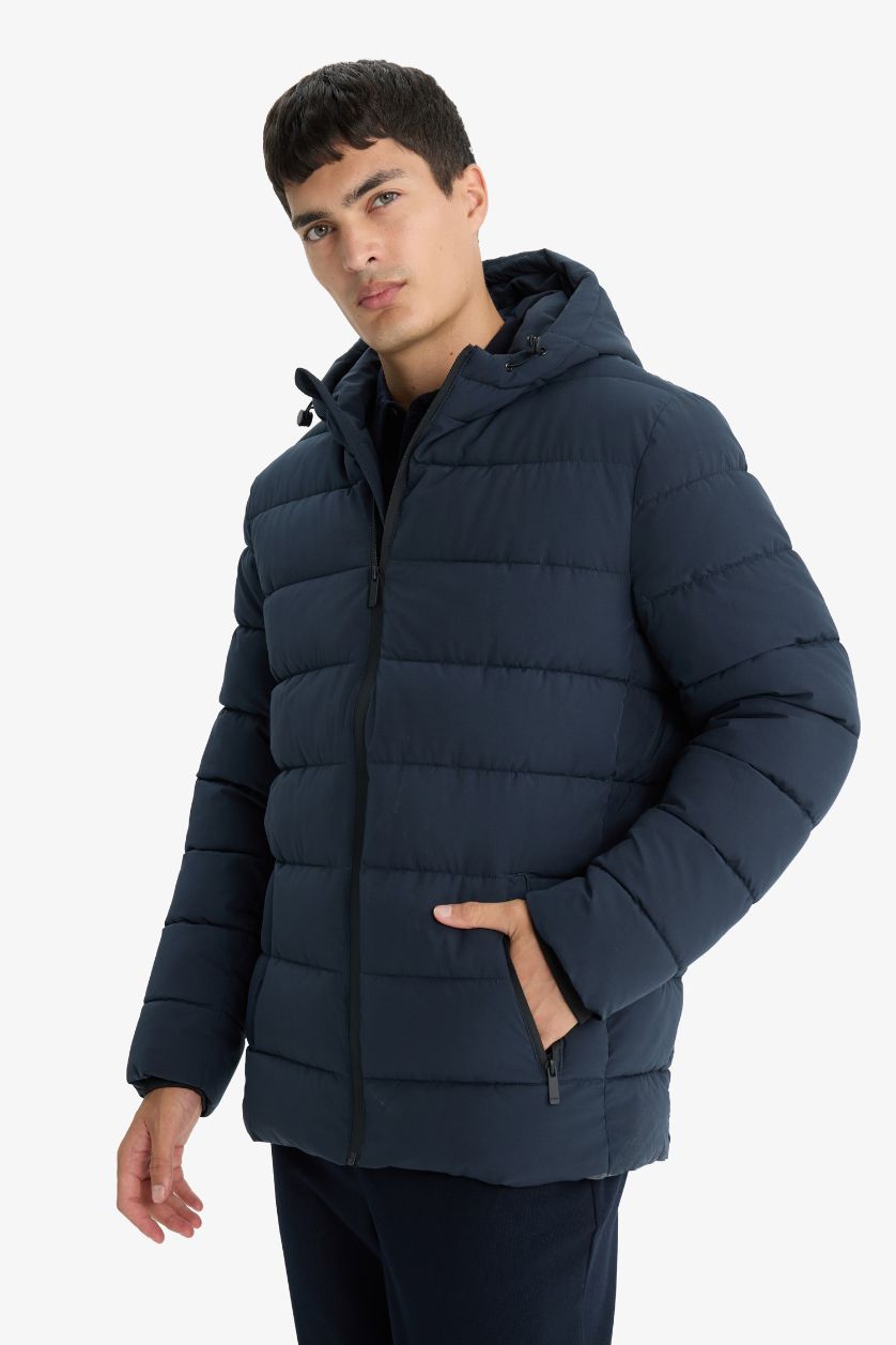 MAN NAVY Slim Fit Lined Hooded Zippered Padded Waterproof Jacket