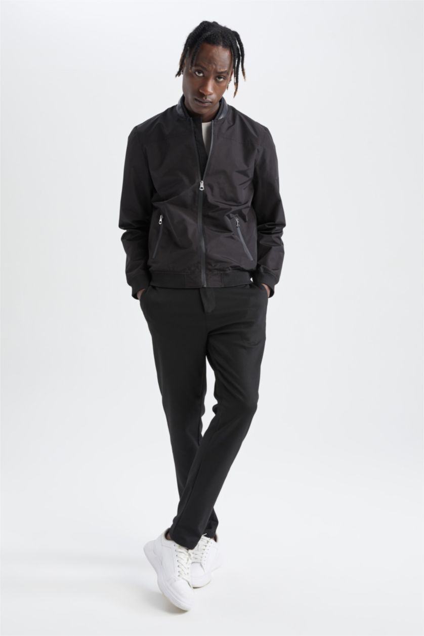 Erkek Siyah Slim Fit Kolej Yaka Fermuarlı Çift Cepli Mevsimlik Hafif İnce Bomber Mont Ceket