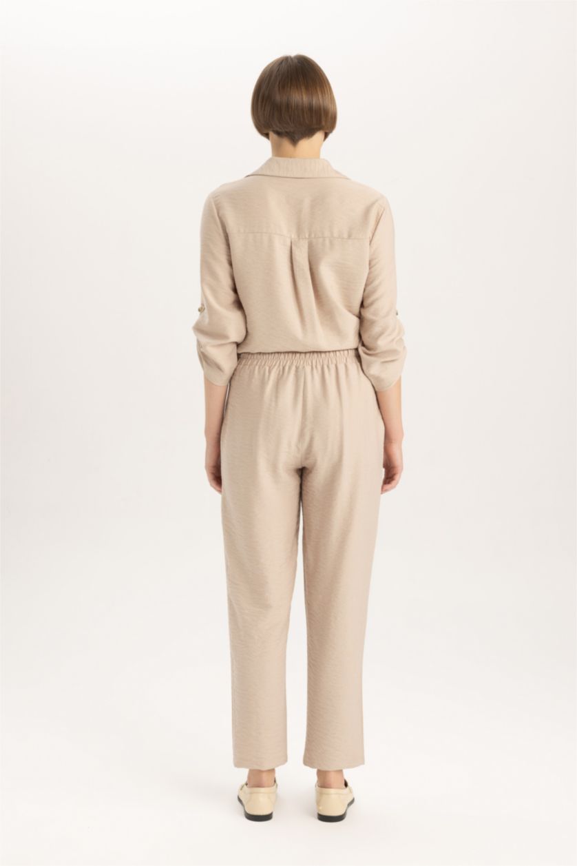 Kadın Kum Jogger Pantolon Keten Görünümlü Cepli Yüksek Bel Düz Paça