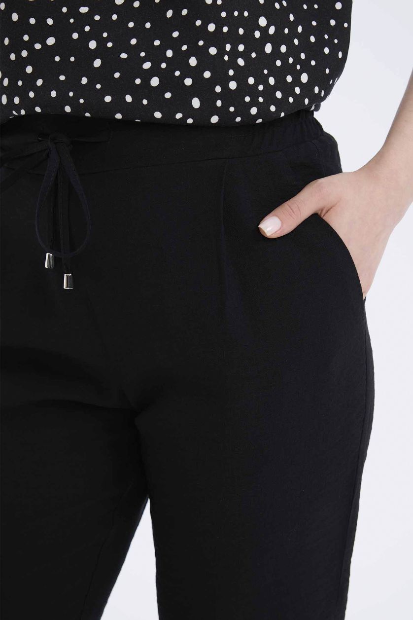 Kadın Siyah Jogger Pantolon Keten Görünümlü Cepli Yüksek Bel Düz Paça