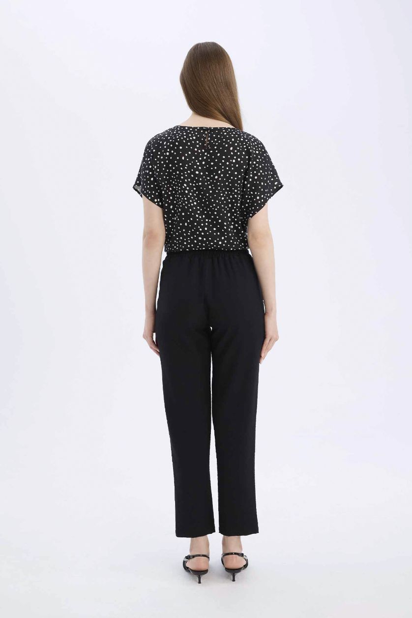 Kadın Siyah Jogger Pantolon Keten Görünümlü Cepli Yüksek Bel Düz Paça