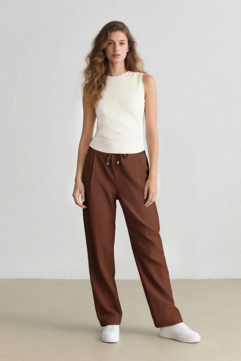 FEMME Marron Clair Pantalon en lin droit à taille haute avec poches
