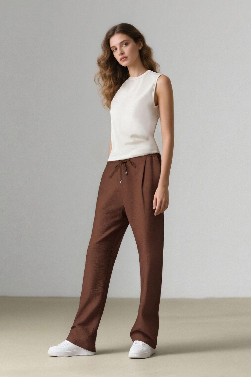 FEMME Marron Clair Pantalon en lin droit à taille haute avec poches
