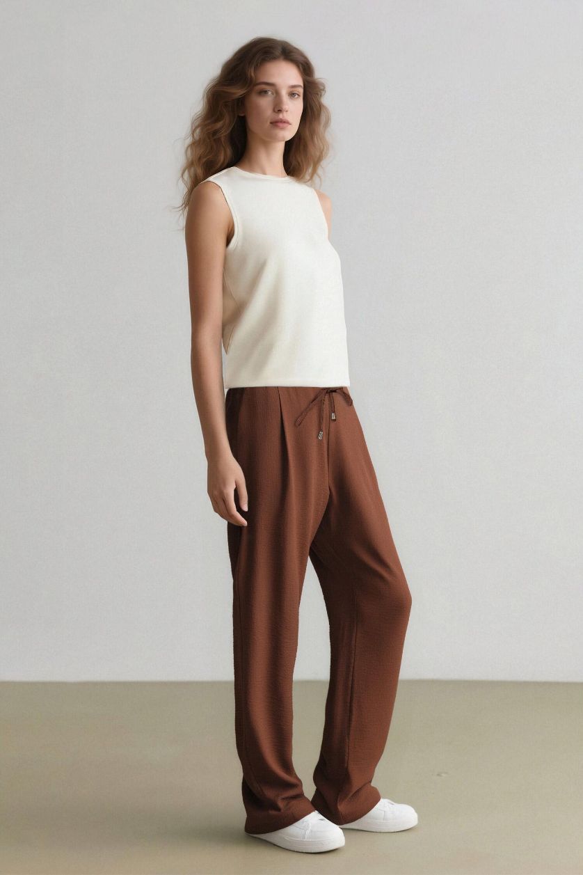 FEMME Marron Clair Pantalon en lin droit à taille haute avec poches