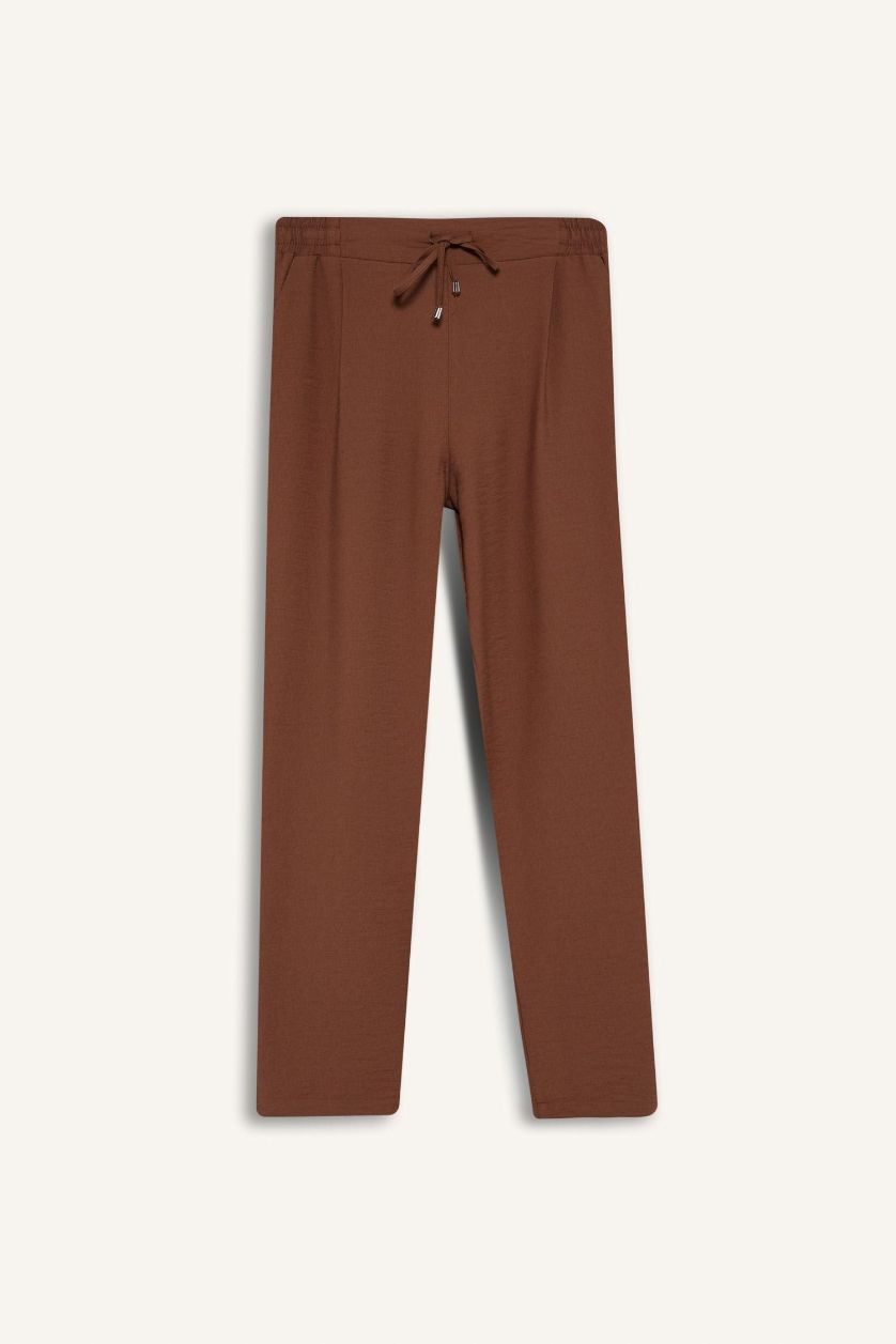 FEMME Marron Clair Pantalon en lin droit à taille haute avec poches