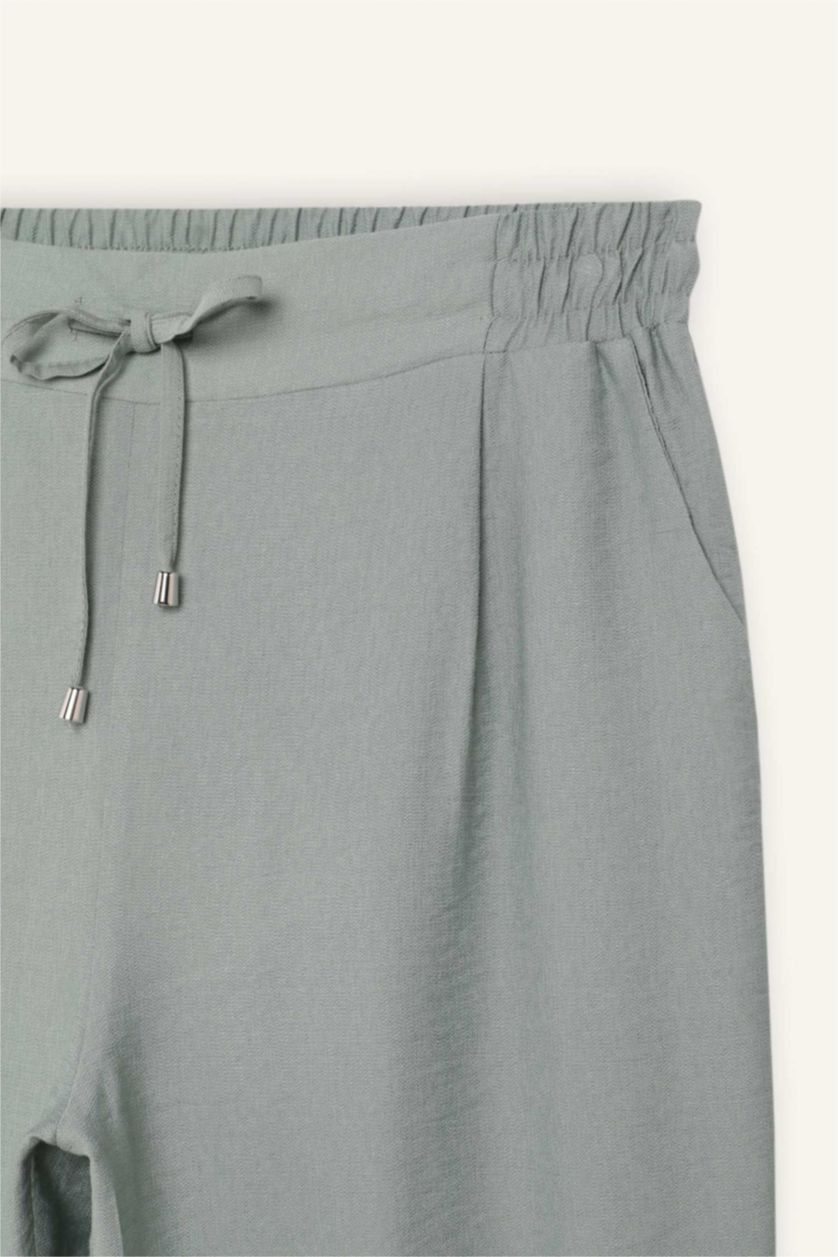 نساء أخضر فاتح بنطلون سادة ذو مظهر كتان برجل عادي وخصر عالي