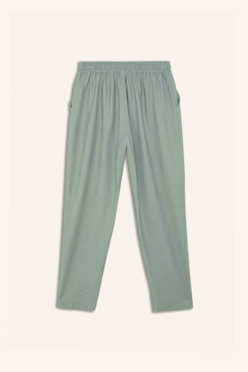 نساء أخضر فاتح بنطلون سادة ذو مظهر كتان برجل عادي وخصر عالي