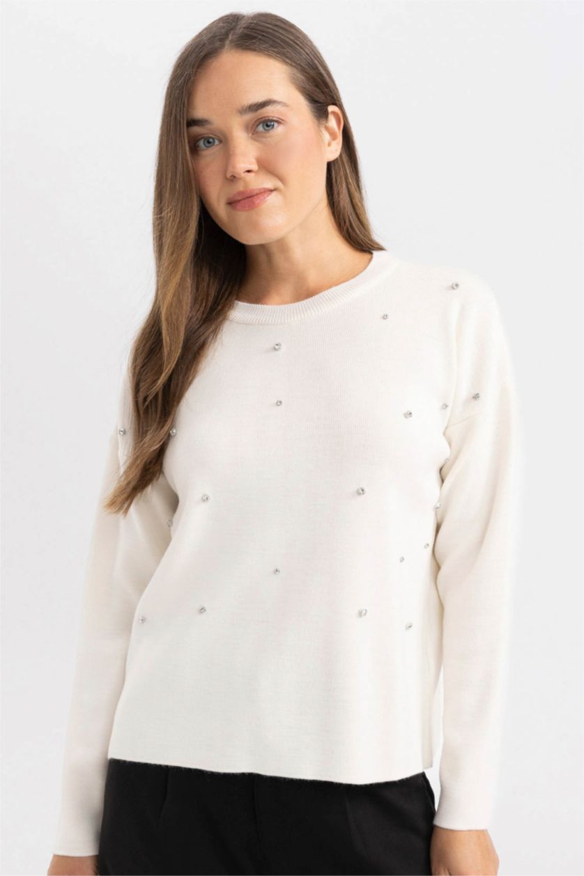 Әйелдерге экру қалыпты пішім дөңгелек жаға Пулловер