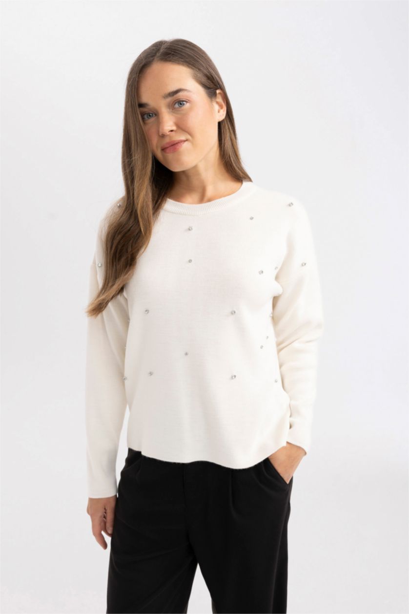 Әйелдерге экру қалыпты пішім дөңгелек жаға Пулловер