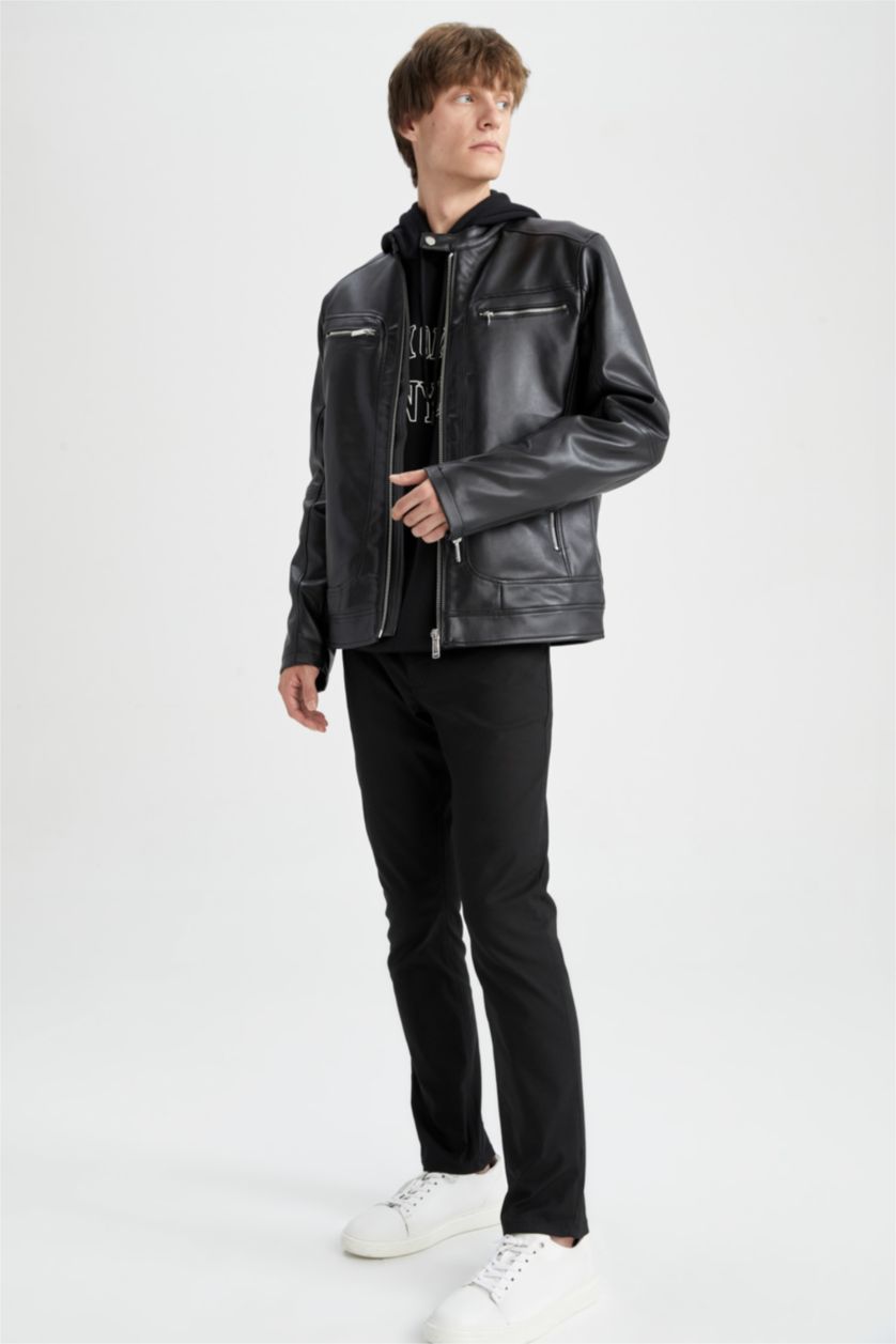 Erkek Siyah Slim Fit Yarım Balıkçı Yaka Suni Deri Mont