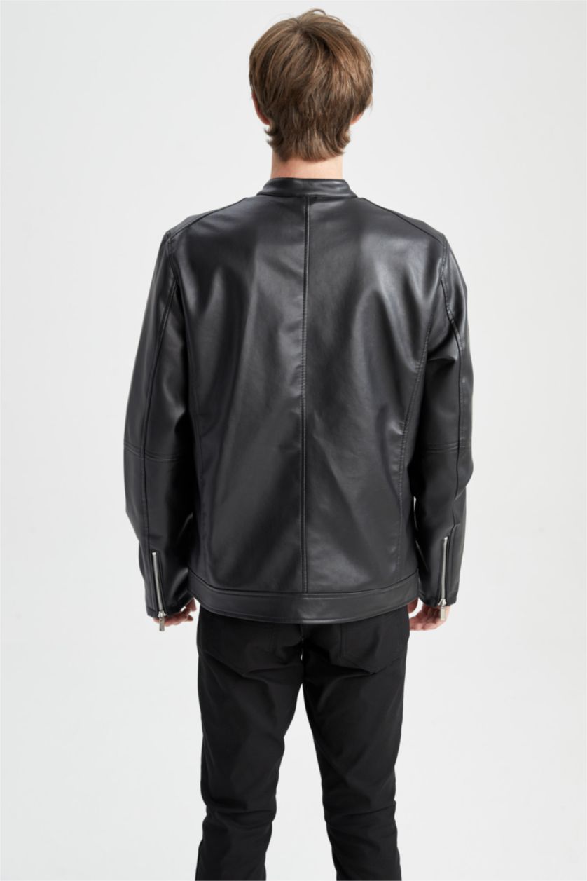 Erkek Siyah Slim Fit Yarım Balıkçı Yaka Suni Deri Mont