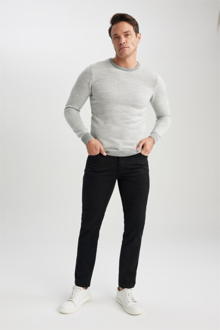 رجالي ميلانج رمادي بلوفر تريكو قصة عادية برقبة مستديرة