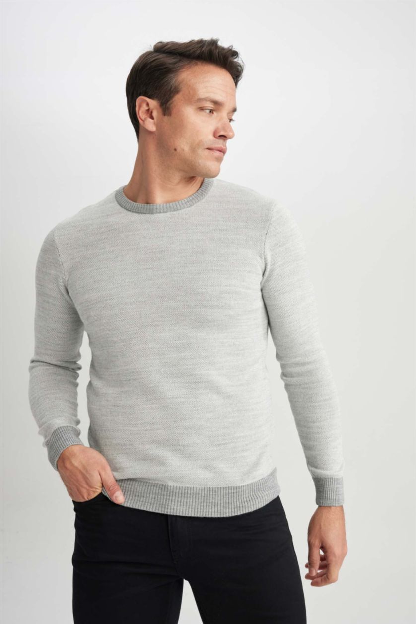 رجالي ميلانج رمادي بلوفر تريكو قصة عادية برقبة مستديرة