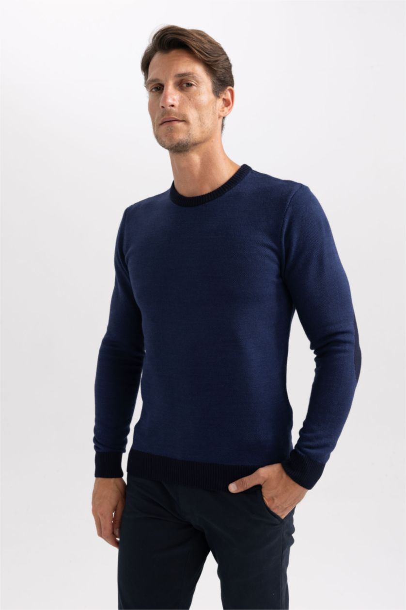 رجالي كحلي بلوفر تريكو قصة عادية برقبة مستديرة