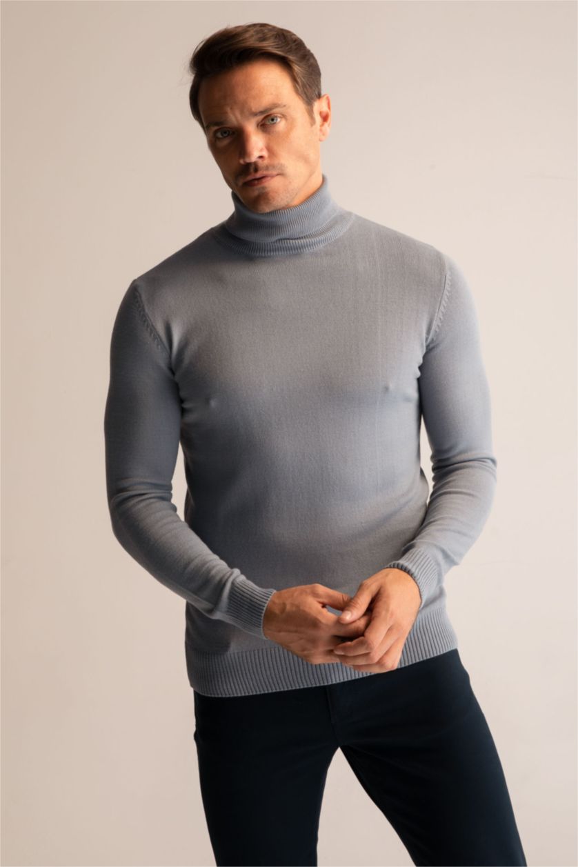 HOMME BLEU Clair Pull Tricot Col roulé