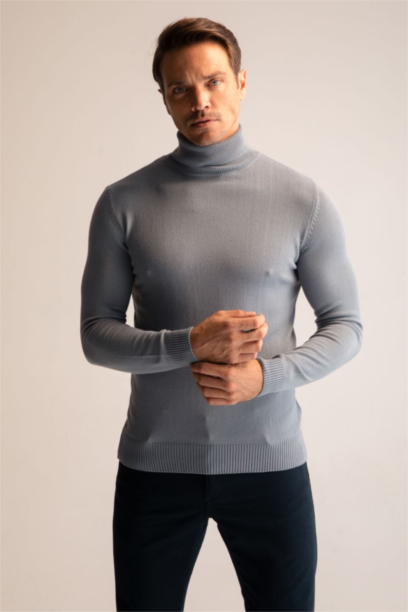 HOMME BLEU Clair Pull Tricot Col roulé
