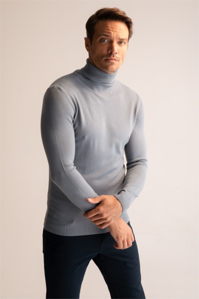 HOMME BLEU Clair Pull Tricot Col roulé
