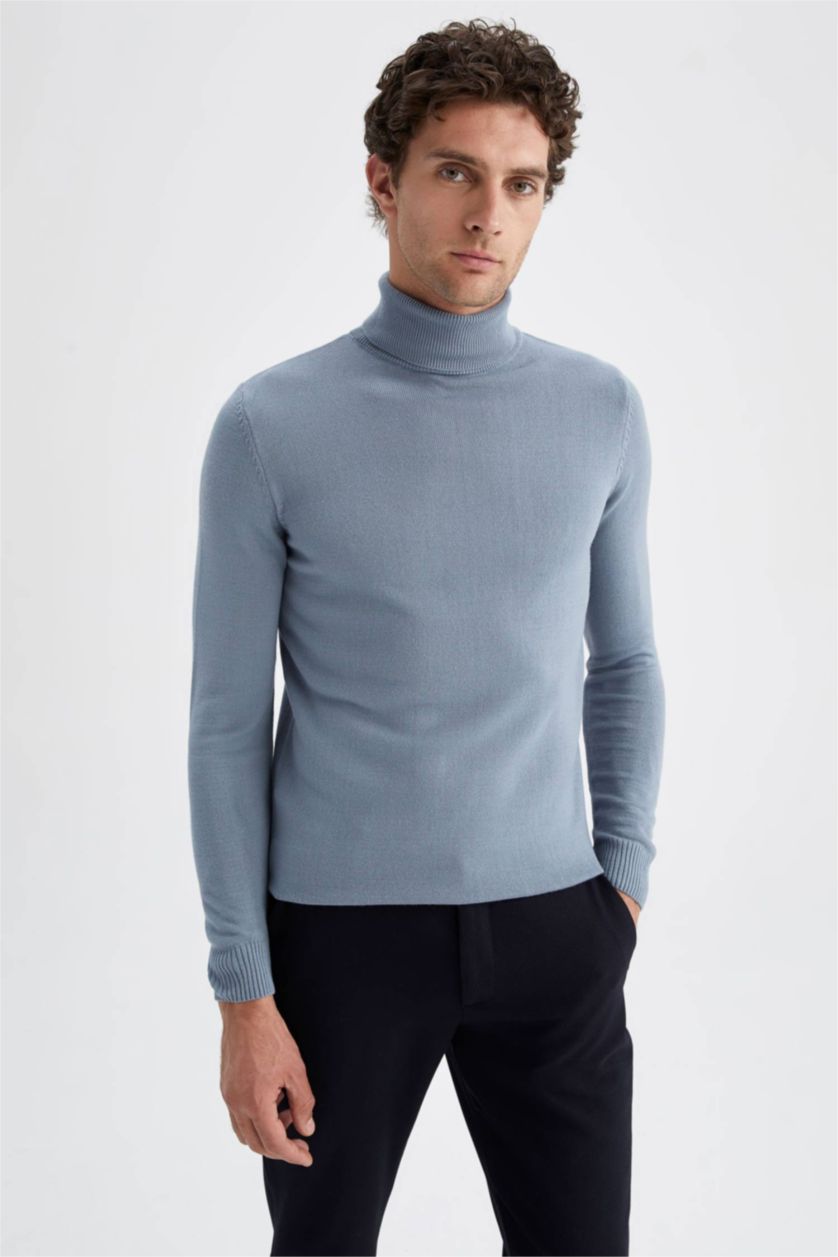 HOMME BLEU Clair Pull Tricot Col roulé