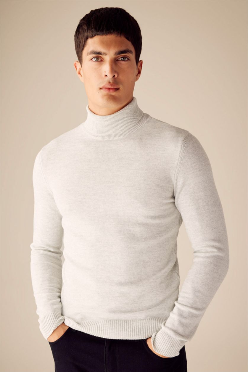 MAN Light Grey Melange Slim Fit Turtleneck Knitwear Pullover