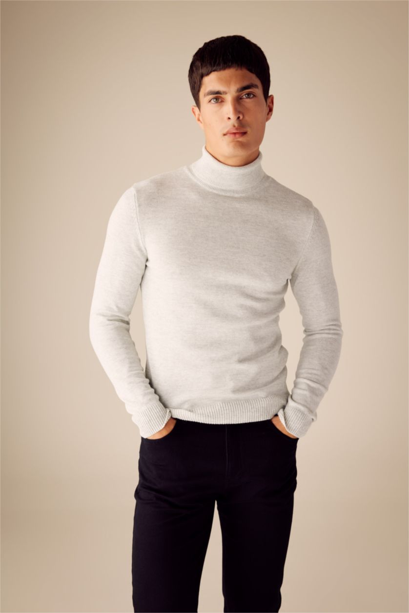 MAN Light Grey Melange Slim Fit Turtleneck Knitwear Pullover