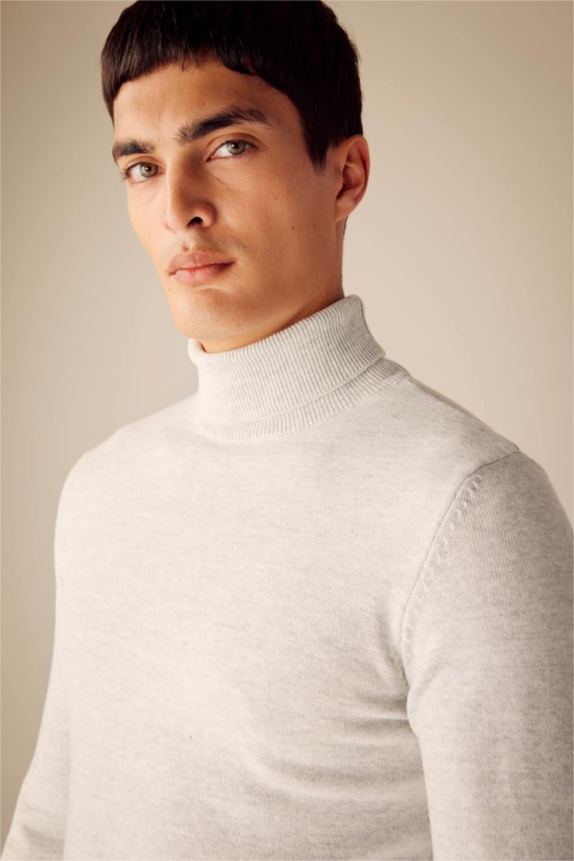 MAN Light Grey Melange Slim Fit Turtleneck Knitwear Pullover
