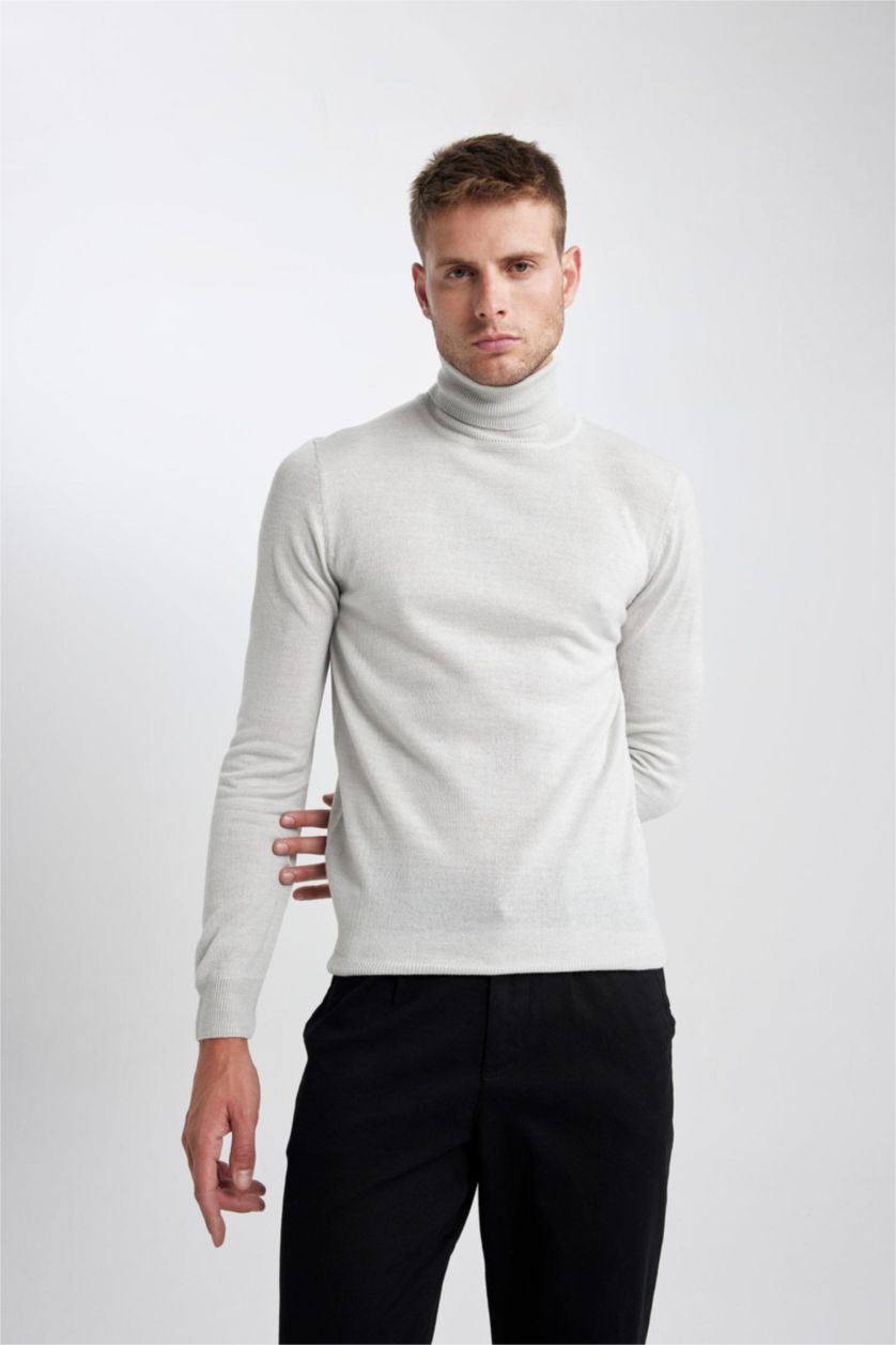 MAN Light Grey Melange Slim Fit Turtleneck Knitwear Pullover