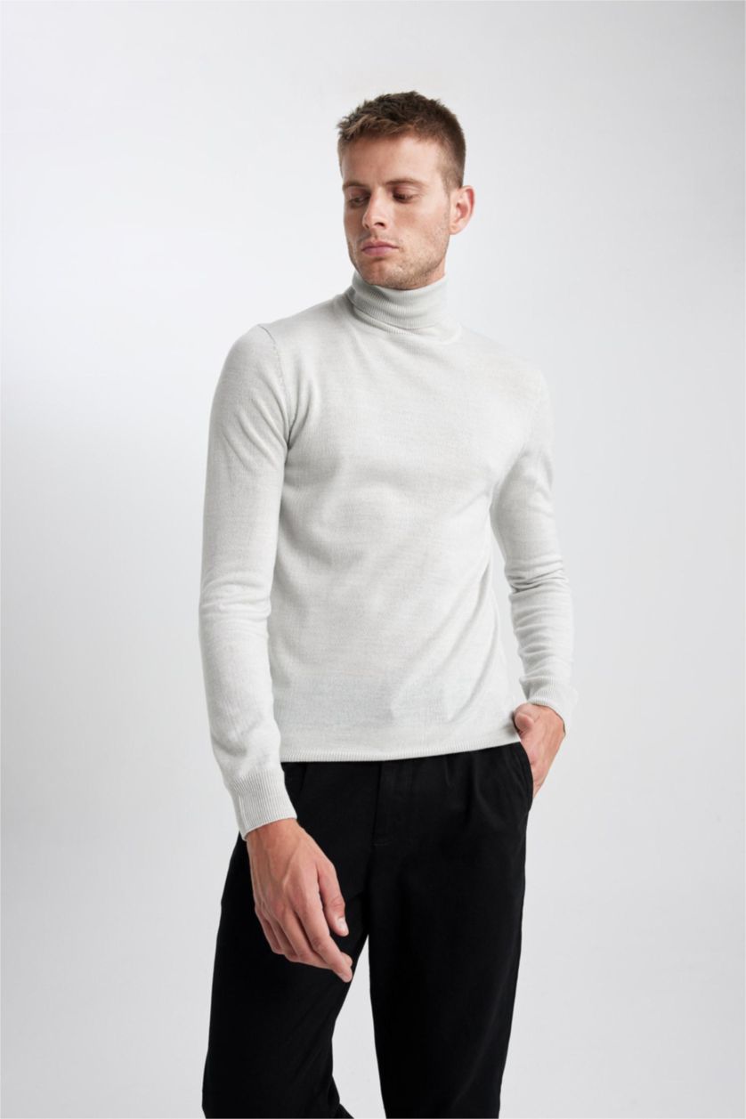 MAN Light Grey Melange Slim Fit Turtleneck Knitwear Pullover