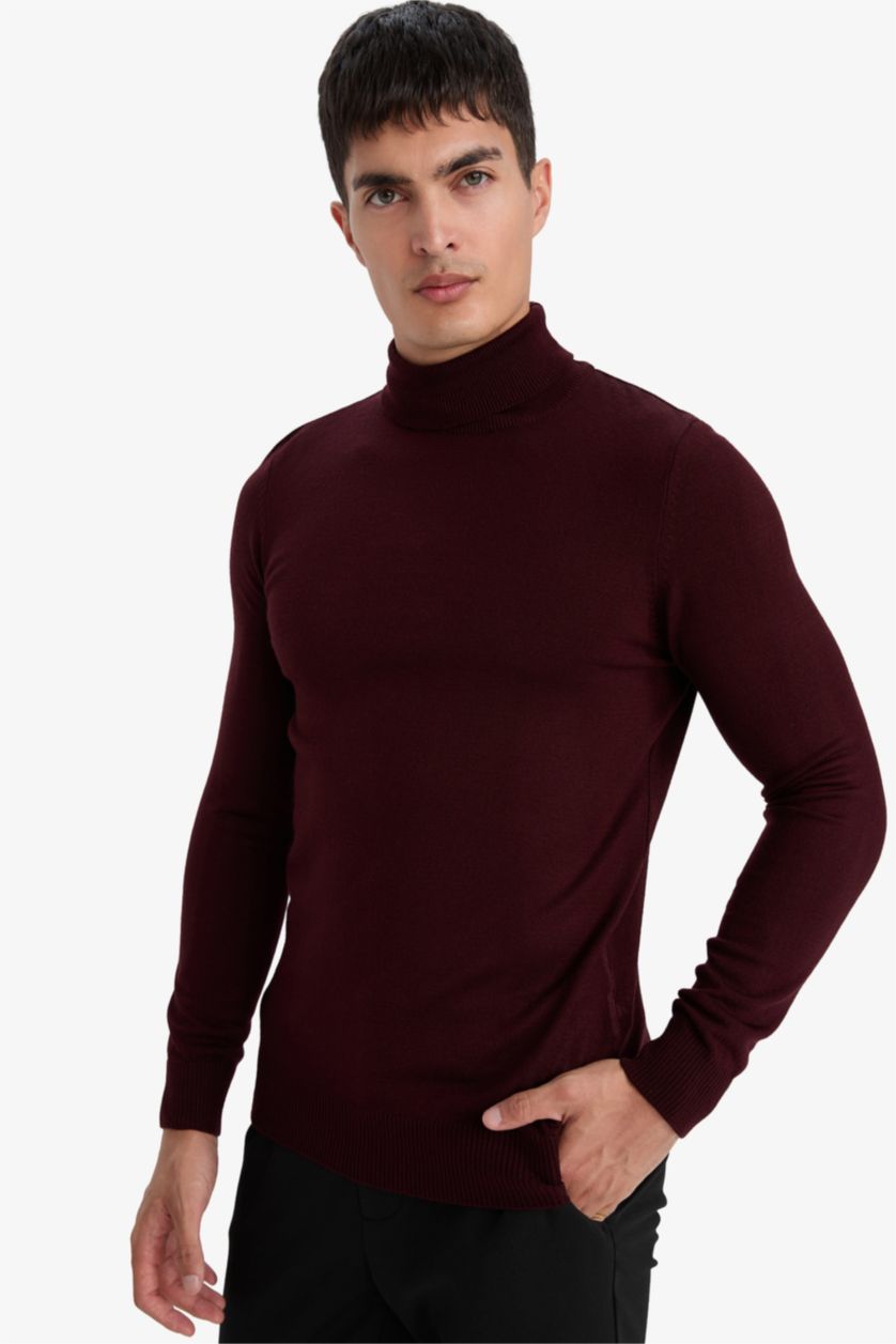 MAN Bordeaux Melange Slim Fit Turtleneck Knitwear Pullover