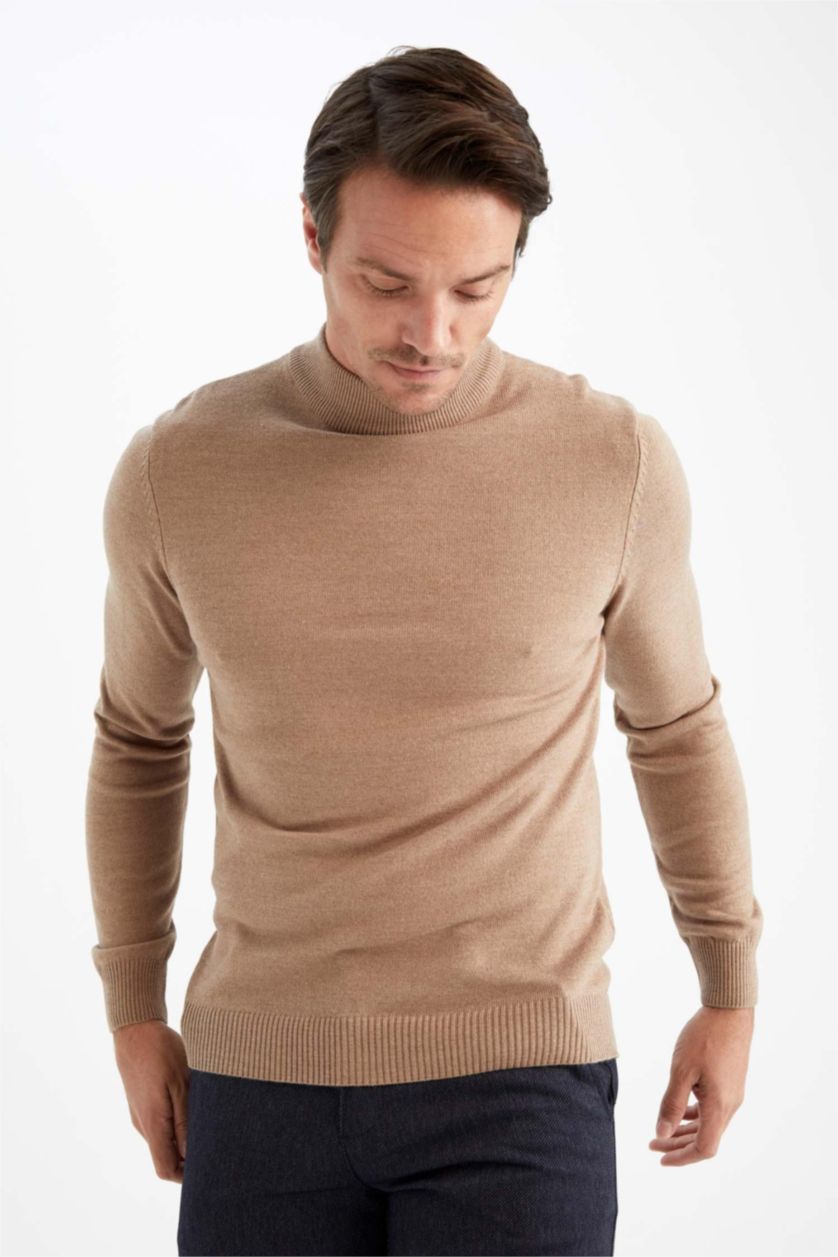 MAN Beige Slim Fit Turtleneck Knitwear Pullover