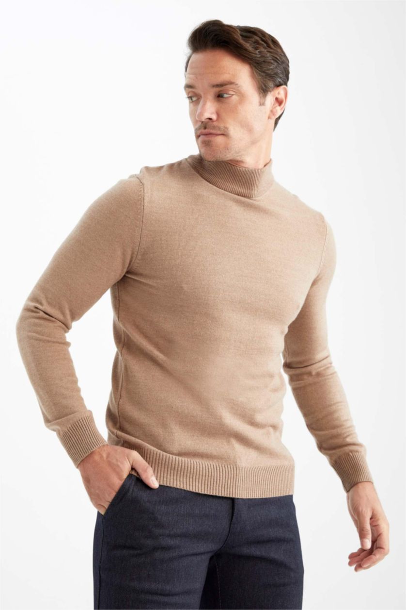 MAN Beige Slim Fit Turtleneck Knitwear Pullover