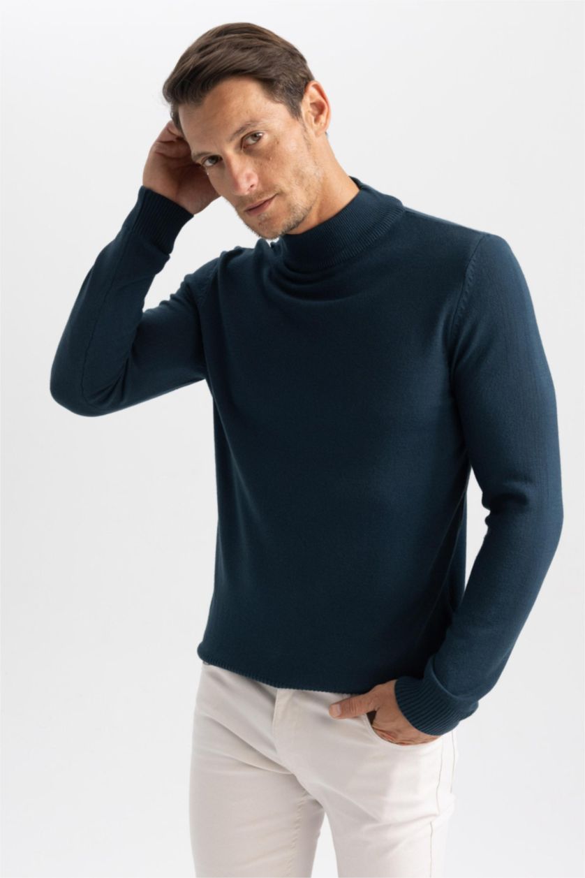 HOMME Vert Pull Slim à col roulé