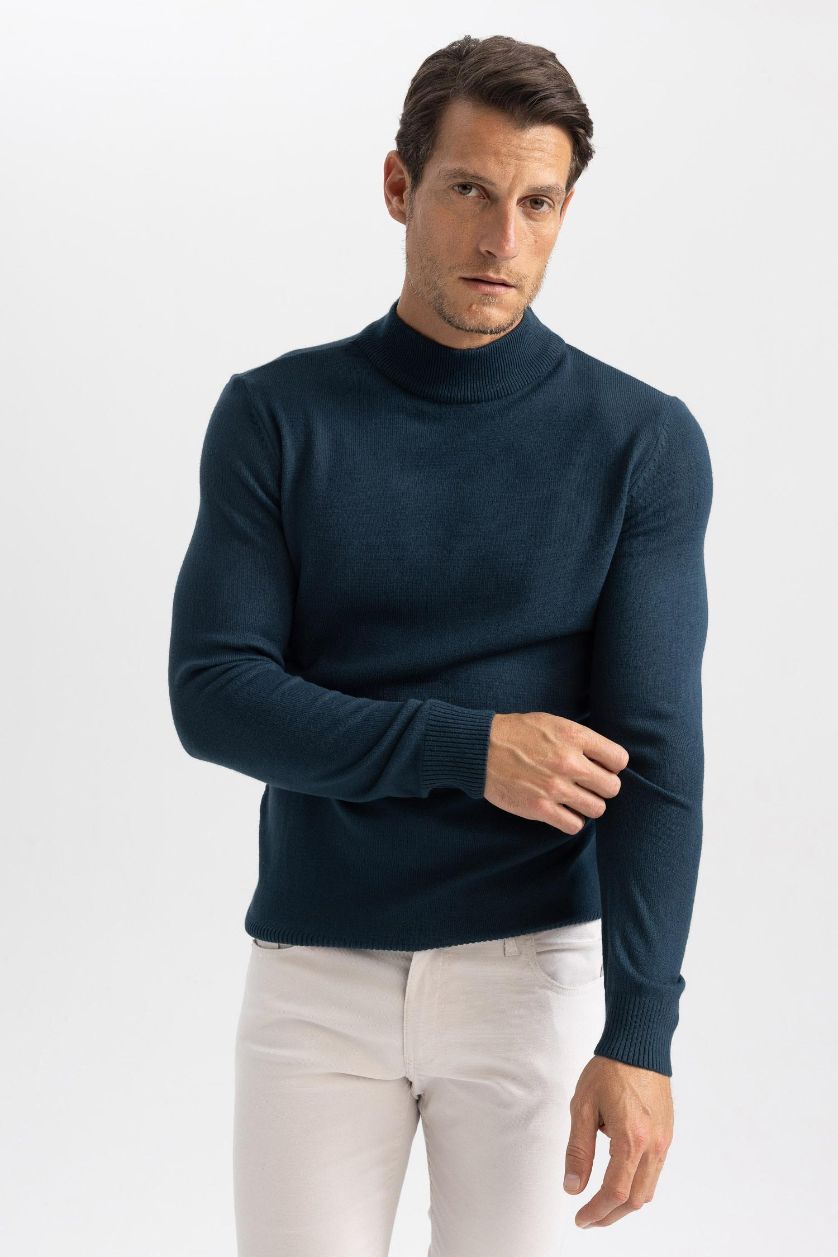 HOMME Vert Pull Slim à col roulé