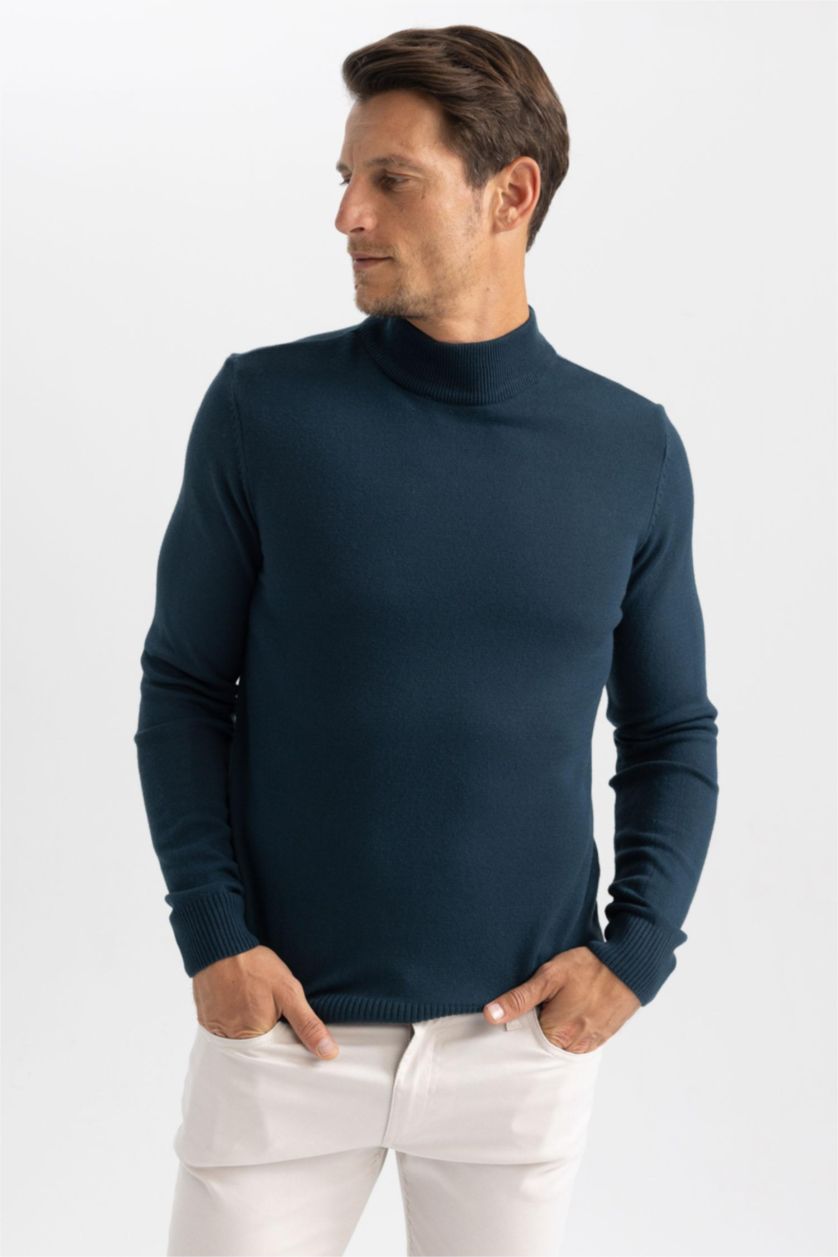 HOMME Vert Pull Slim à col roulé
