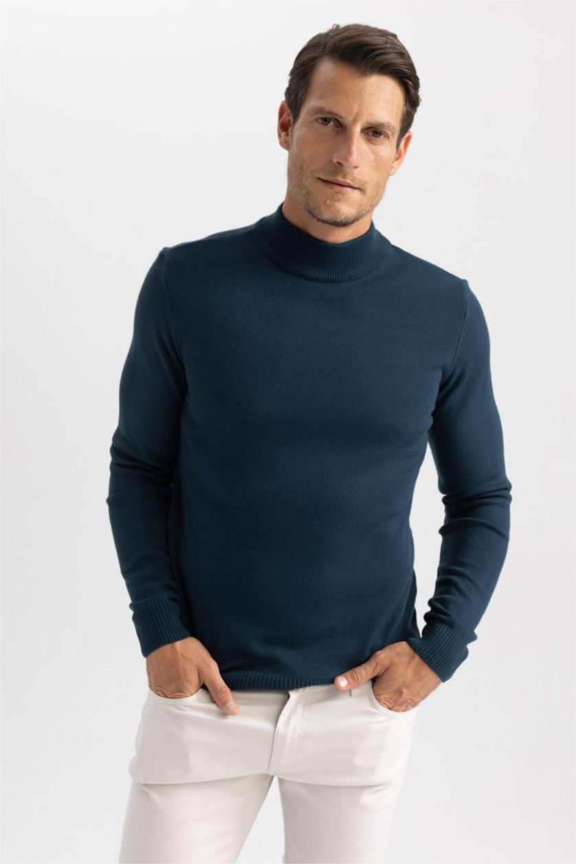 HOMME Vert Pull Slim à col roulé