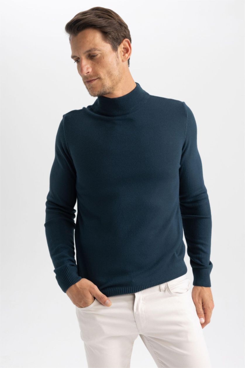HOMME Vert Pull Slim à col roulé