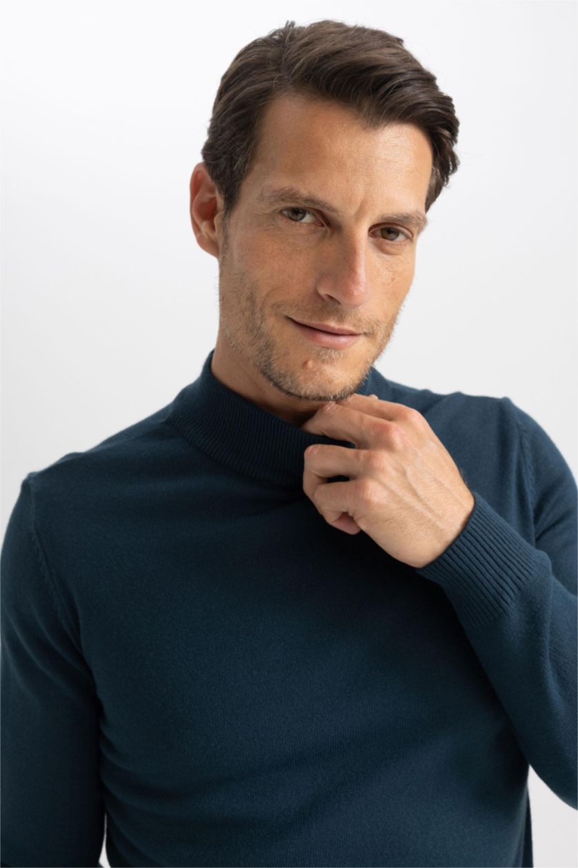 HOMME Vert Pull Slim à col roulé