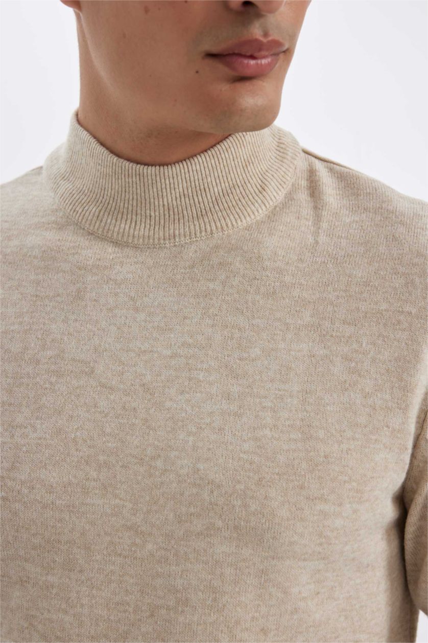 MAN Light Beige Melange Slim Fit Half Turtleneck Basic Knitted Pullover
