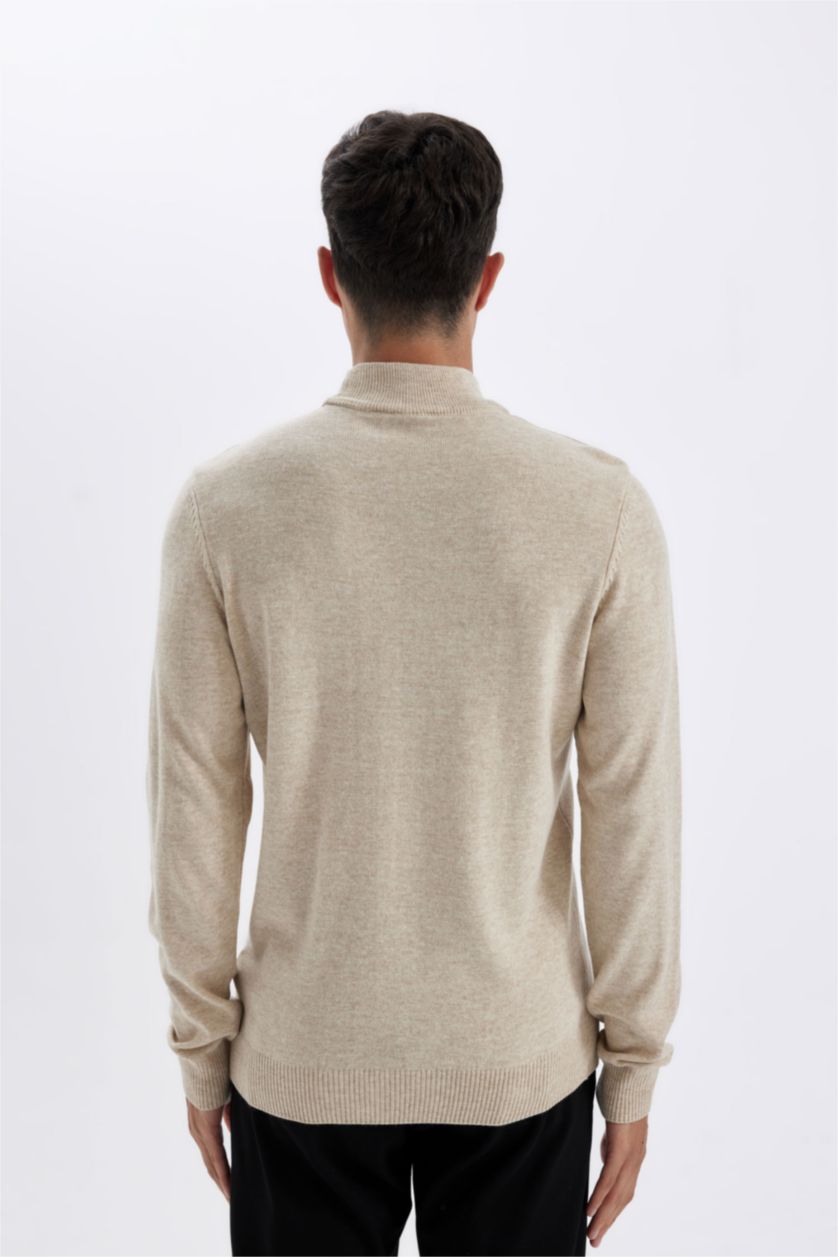 MAN Light Beige Melange Slim Fit Half Turtleneck Basic Knitted Pullover