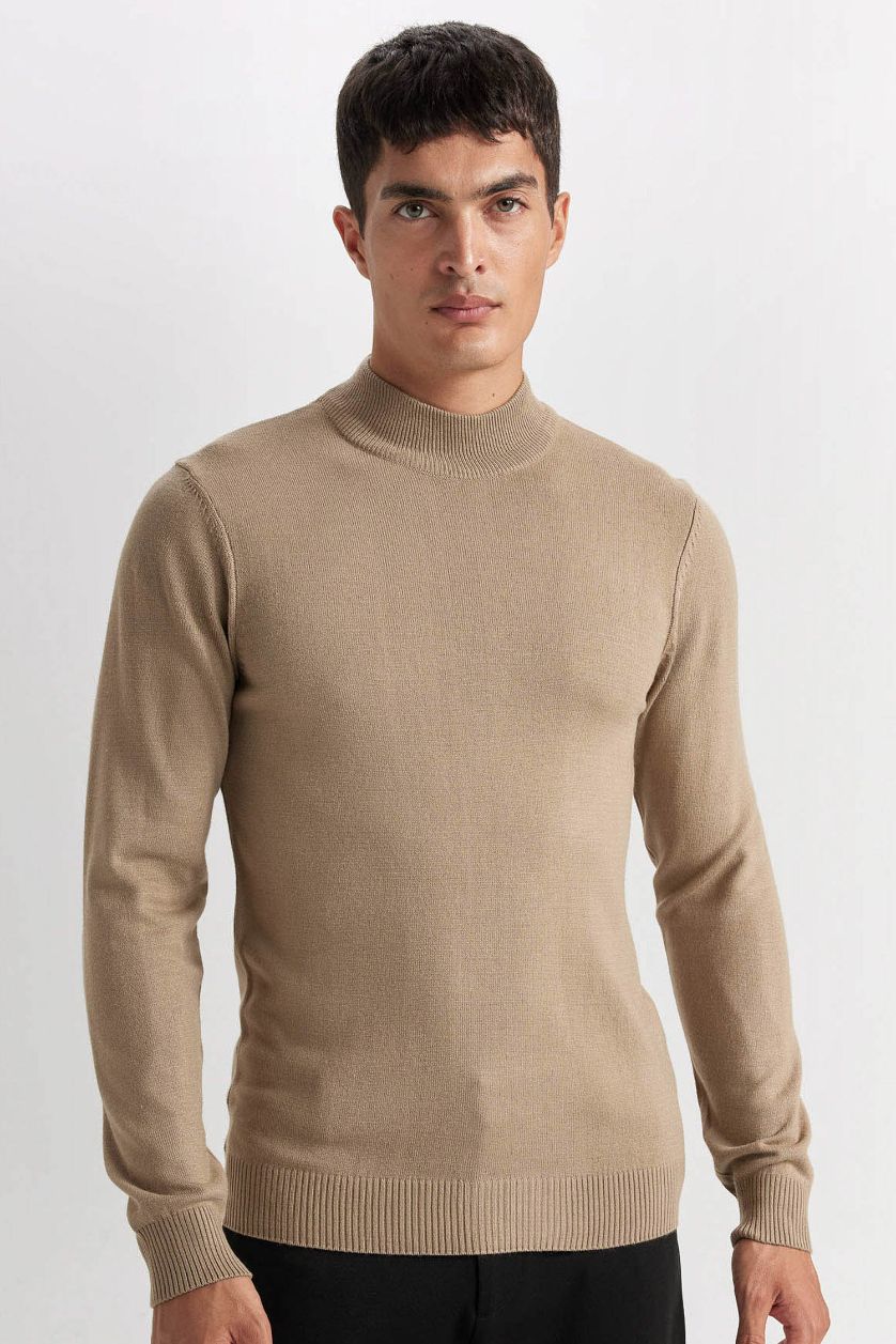 Erkek Bej Slim Fit Dar Kesim Yarım Balıkçı Yaka Basic Düz Triko Kazak