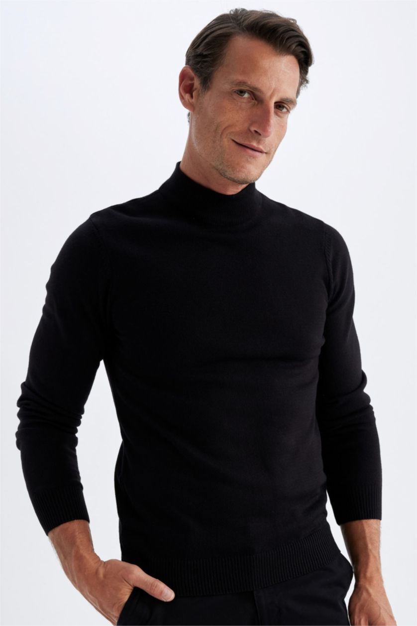 MAN Black Black Slim Fit Half Turtleneck Basic Knitted Pullover