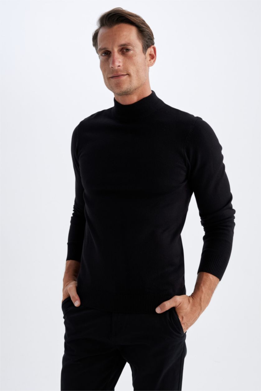 MAN Black Black Slim Fit Half Turtleneck Basic Knitted Pullover