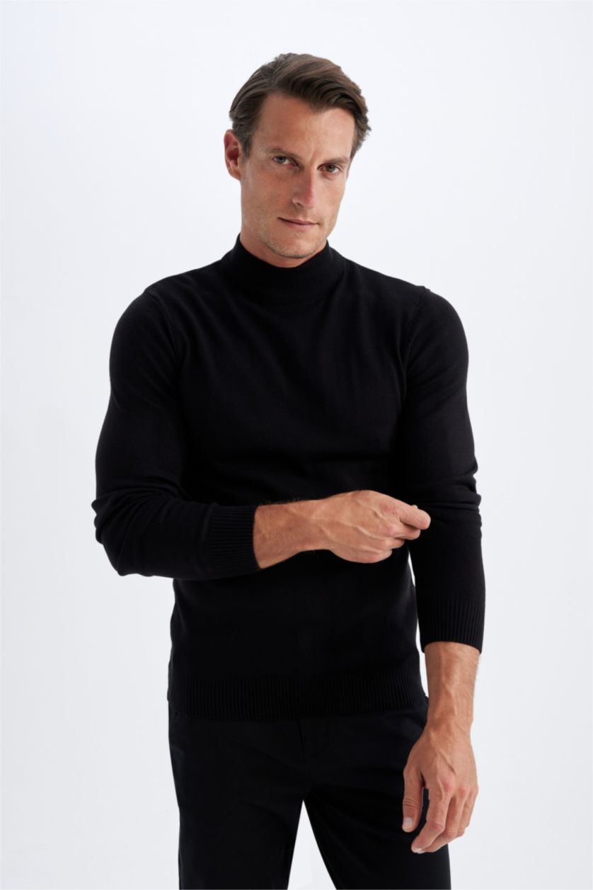MAN Black Black Slim Fit Half Turtleneck Basic Knitted Pullover
