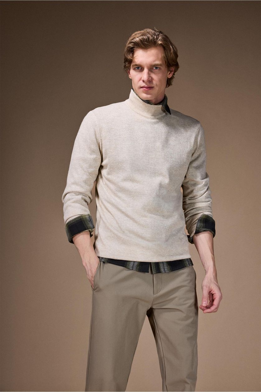 Man Light Beige Melange Slim Fit Turtleneck Basic Knit Pullover
